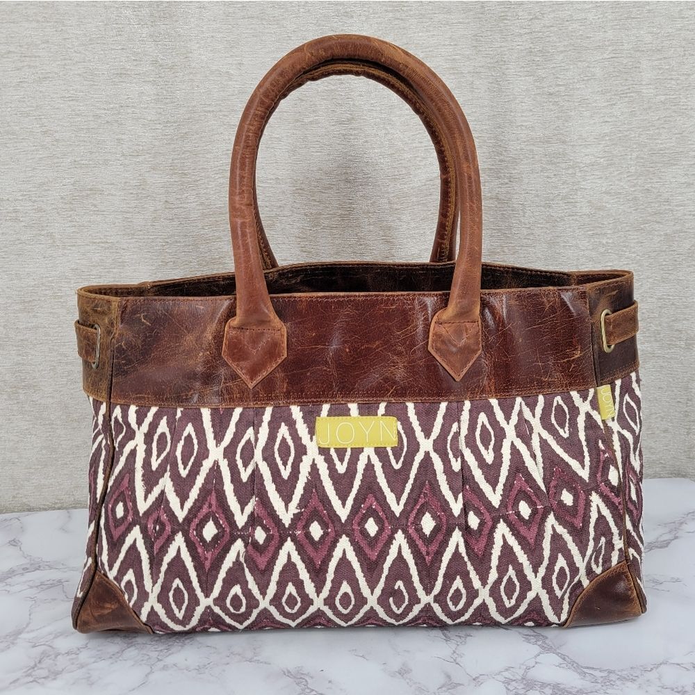 JOYN Distressed Brown Leather Burgundy Cream Canvas Women's Tote Handbag Bag